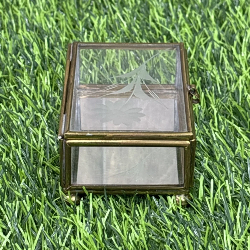 Vintage Brass Glass Trinket Box Etched Floral Jewelry Display Decor